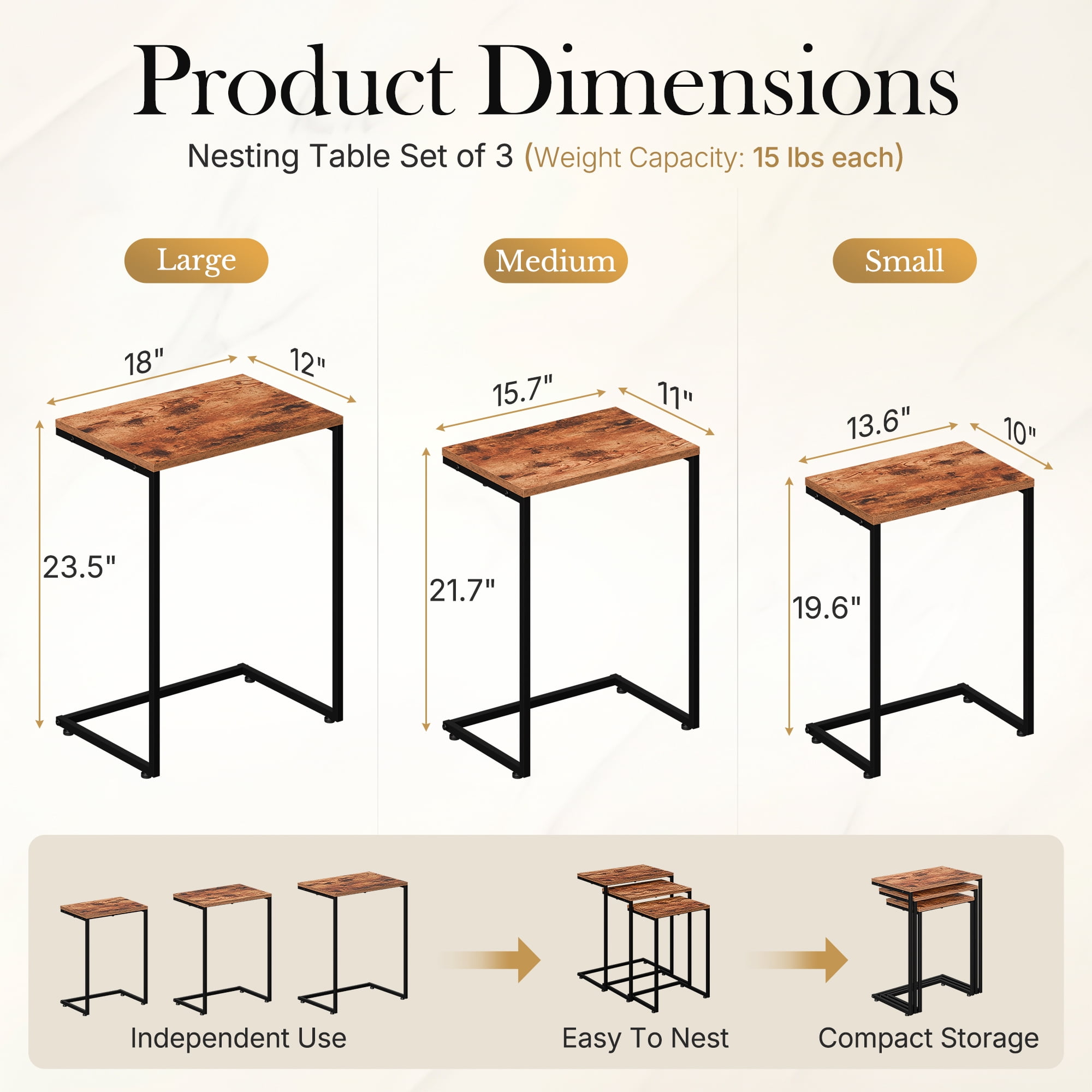 HomGarden Set of 3 Industrial Nesting Sofa Side Table Indoor MDF C-shaped Stacking End Table Rustic Brown