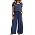 thumbnail image 6 of Zynoxe Plus Size Pajamas Set Women Contrast Trim Short Sleeve Tops and Wide Leg Pants Sleepwear Sets Casual Stretchy Loose Lounge Sets, 6 of 6