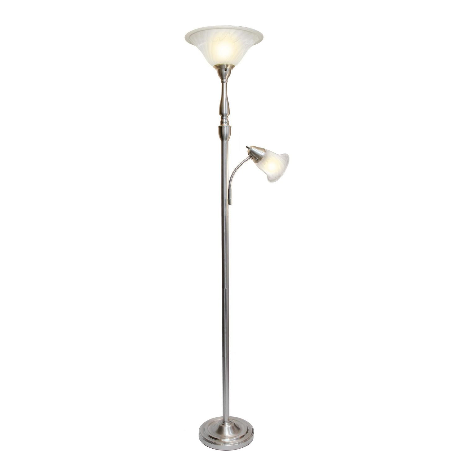 Lampe de sol mère-fille aux motifs élégants 2 Light avec verre marbré blanc, nickel brossé