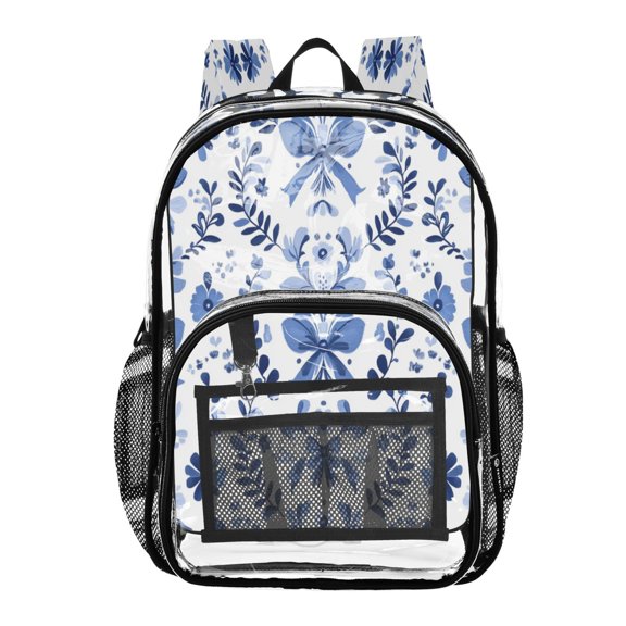 Clear PVC Backpack Large Capacity Multi-Pocket Printed Shoulder Bag Lightweight Daypack for School Travel Outdoor Blue Bow