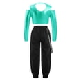 thumbnail image 2 of YiZYiF Girls Teens 2Pcs Hip Hop Jazz Dance Team Uniform Long Sleeve Off Shoulder Crop Top with Baggy Chain Pocket Pants Lake Green 8, 2 of 7