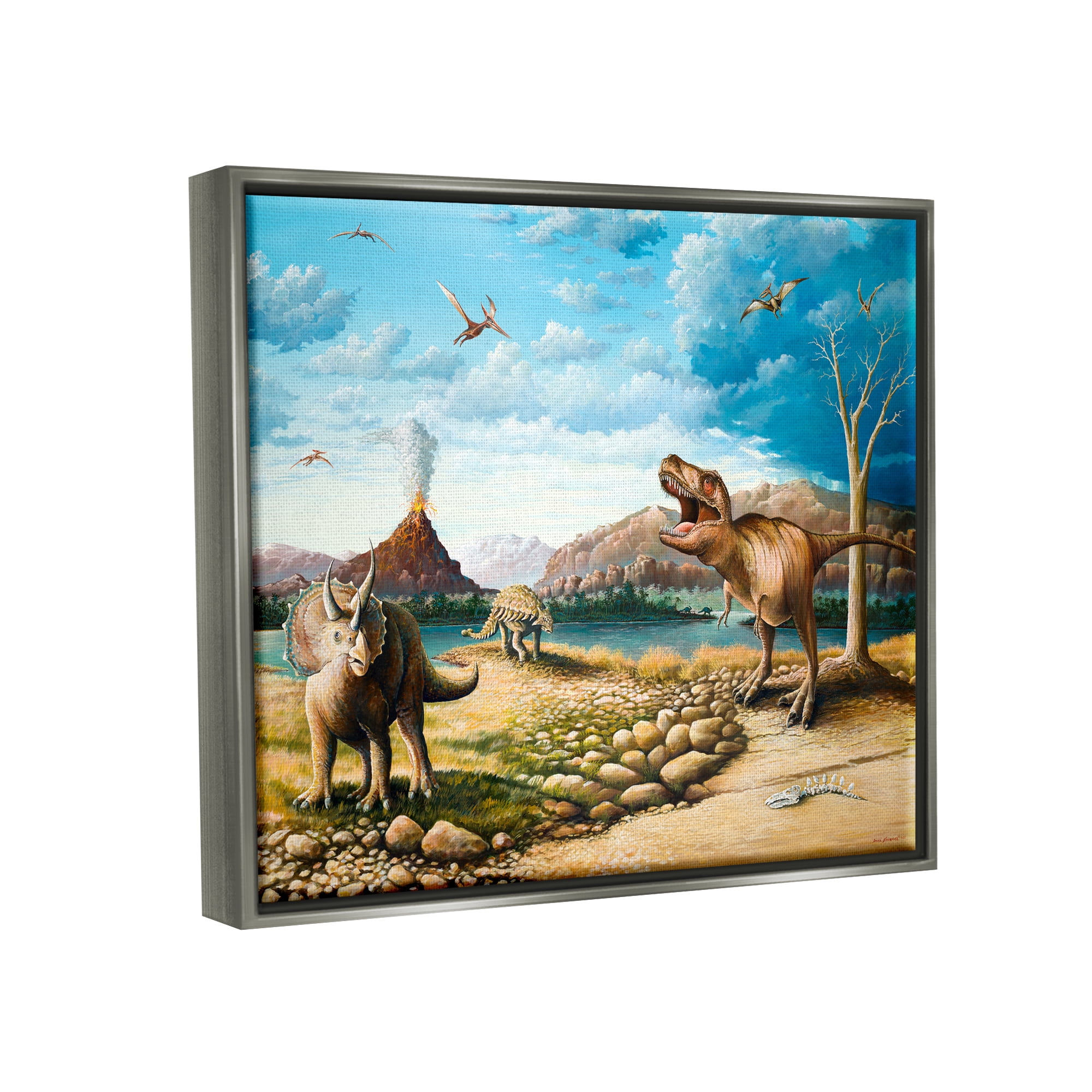 Stupell Ancient Dinosaurs Landscape Animals & Insects Painting Gray Floater Framed Art Print Wall Art