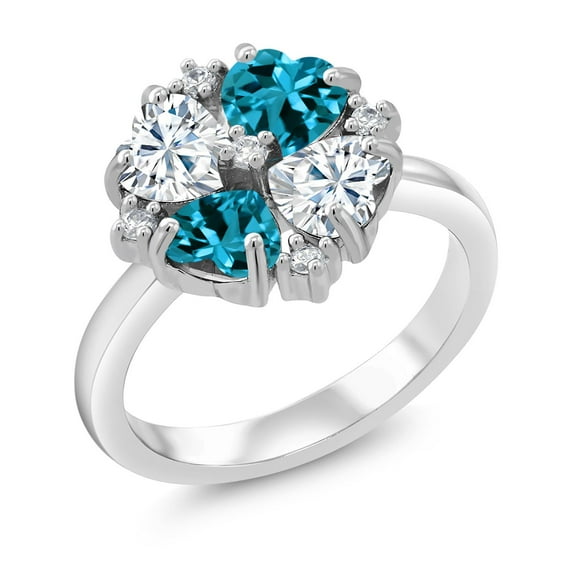Gem Stone King 925 Sterling Silver Moissanite and London Blue Topaz Ring for Women (2.18 Cttw, Heart Shape 5MM, Gemstone Birthstone, Size 8)