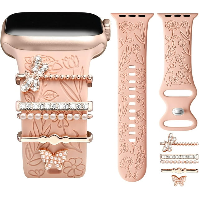 Correa con Floral Grabado Compatible con Apple Watch 40mm 44mm 42mm 38mm 41mm 45mm 46mm 49mm, Correas Silicona Suave con Adornos Decorativos para iWatch Series 11/10/9/8/7/6/5/4/3/2/1 SE Ultra