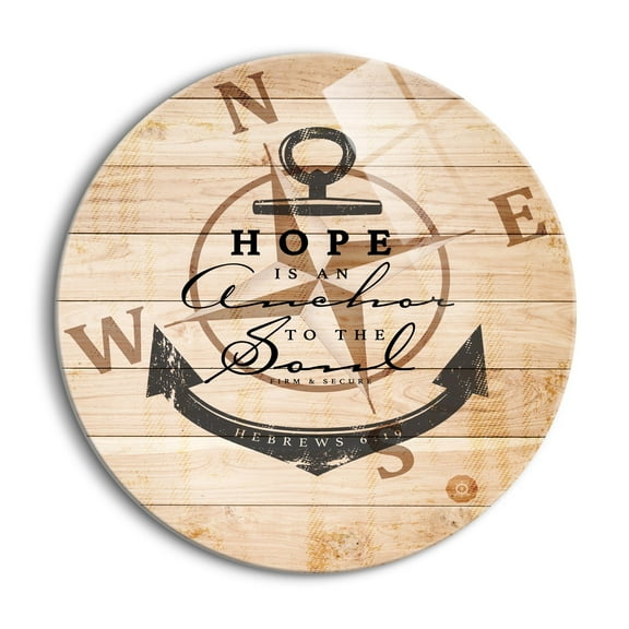 Hope Anchor Soul Tan Woodgrain Compass 24 inch Glass Round Wall Hanging Sign