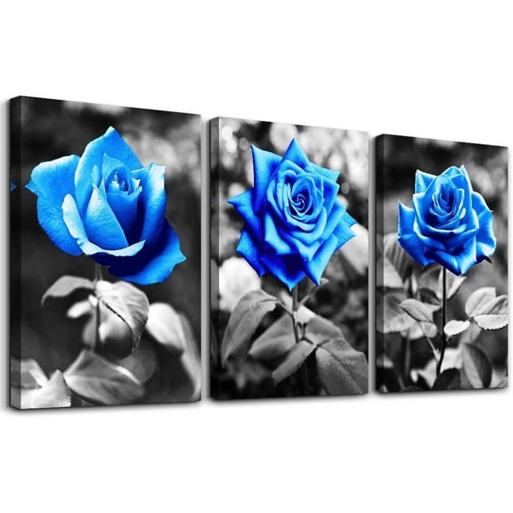 bedroom Wall Art for living room bathroom Wall Decor for kitchen family pictures artwork Black and white Blue rose flowers Canvas paintings 16" x 24" 3 Pieces Modern office Home decorations