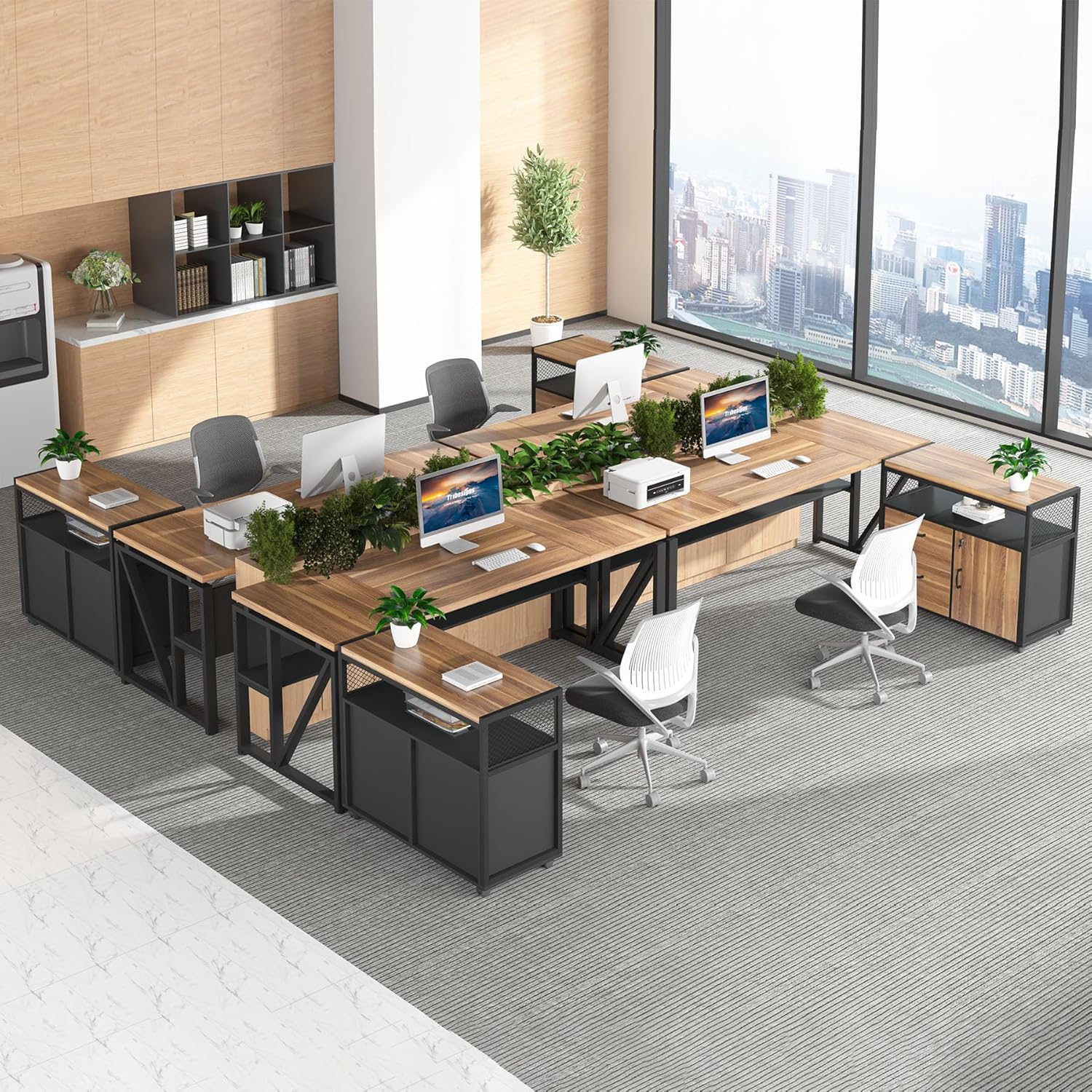 Tribesigns 63" L Shaped Executive Desk with Lateral File Cabinet, Doors with Locks, Desk with Shelf (Walnut and Black)