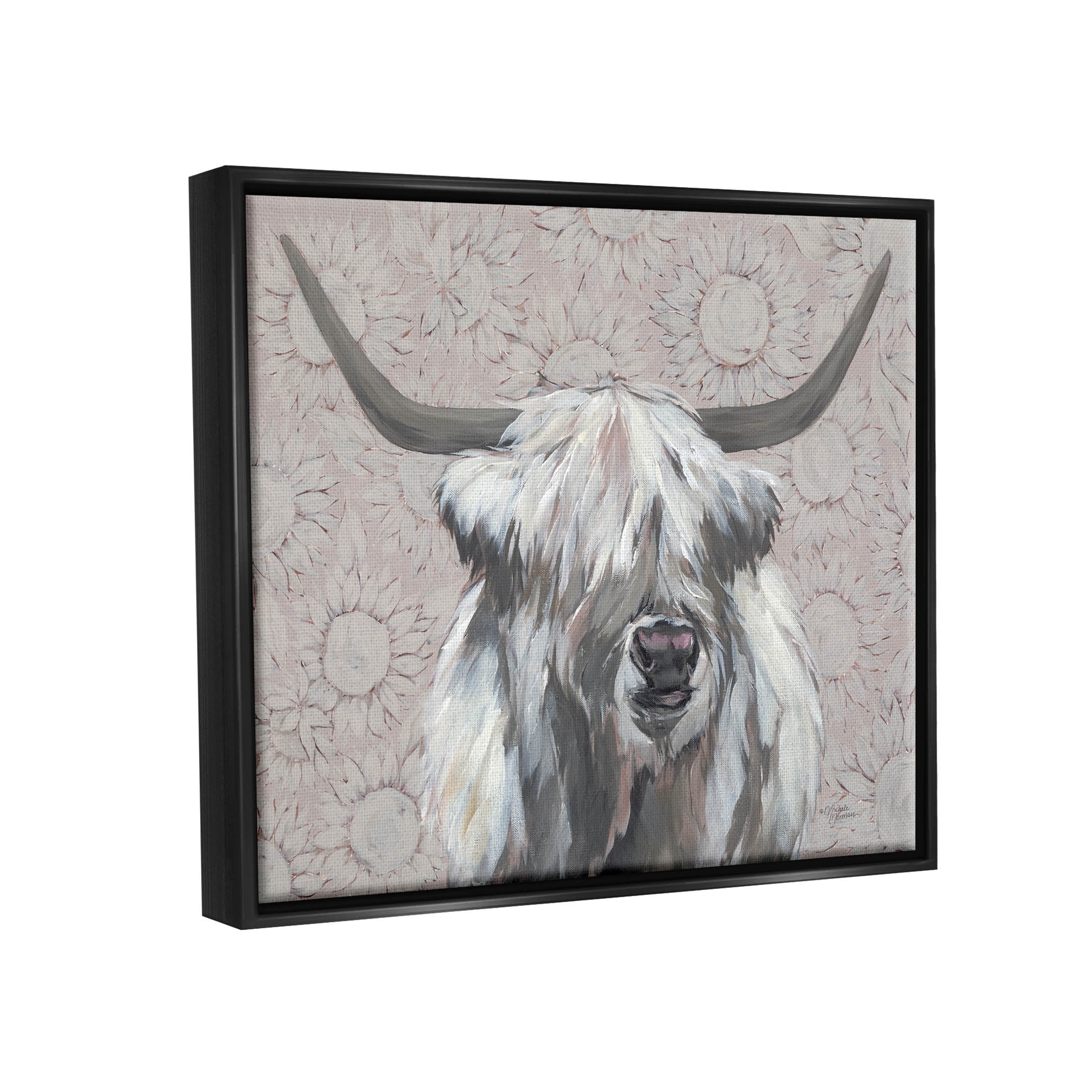 Stupell Industries Gazing Highland Cattle Sunflower Pattern Painting Jet Black Floating Framed Canvas Print Wall Art, Design by Michele Norman