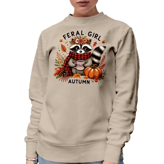 Feral Girl Autumn. Girly Fall Themed feat. a Cute Raccoon, Pumpkin & Leaves, Sand Crewneck Sweatshirt, Small