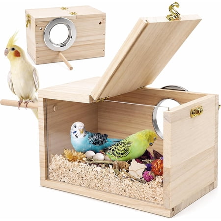 Parakeet Nesting Box Transparent Design, Thwartwise Bird Nest Breeding Box with Perch Wood Bird Cage House for Cockatiel Lovebirds Budgie Finch Parrotlets Canary S