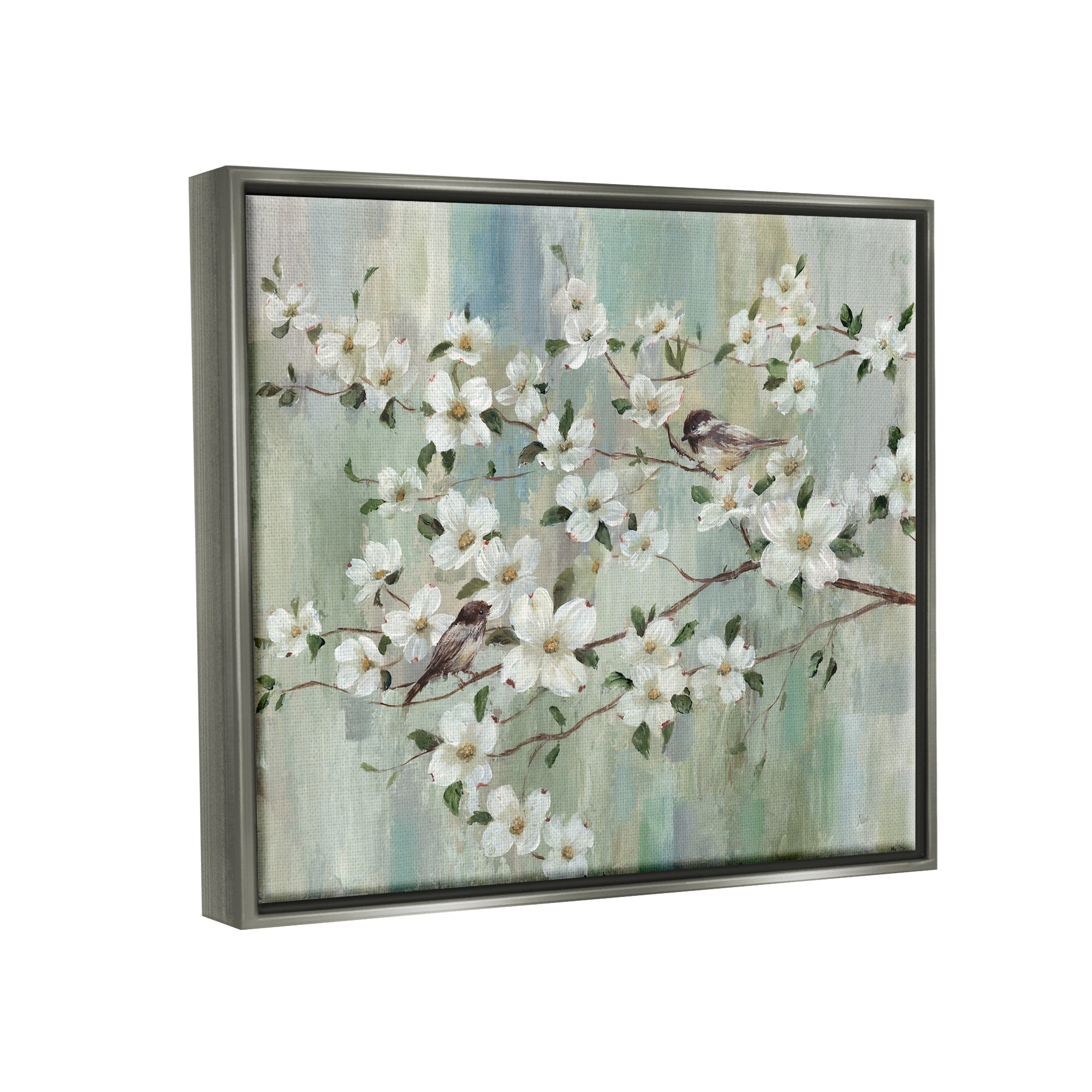 Stupell Industries Delicate Cherry Blossom Flowers Perched Birds Classic Painting Painting Luster Gray Floating Framed Canvas Print Wall Art, Design by Nan