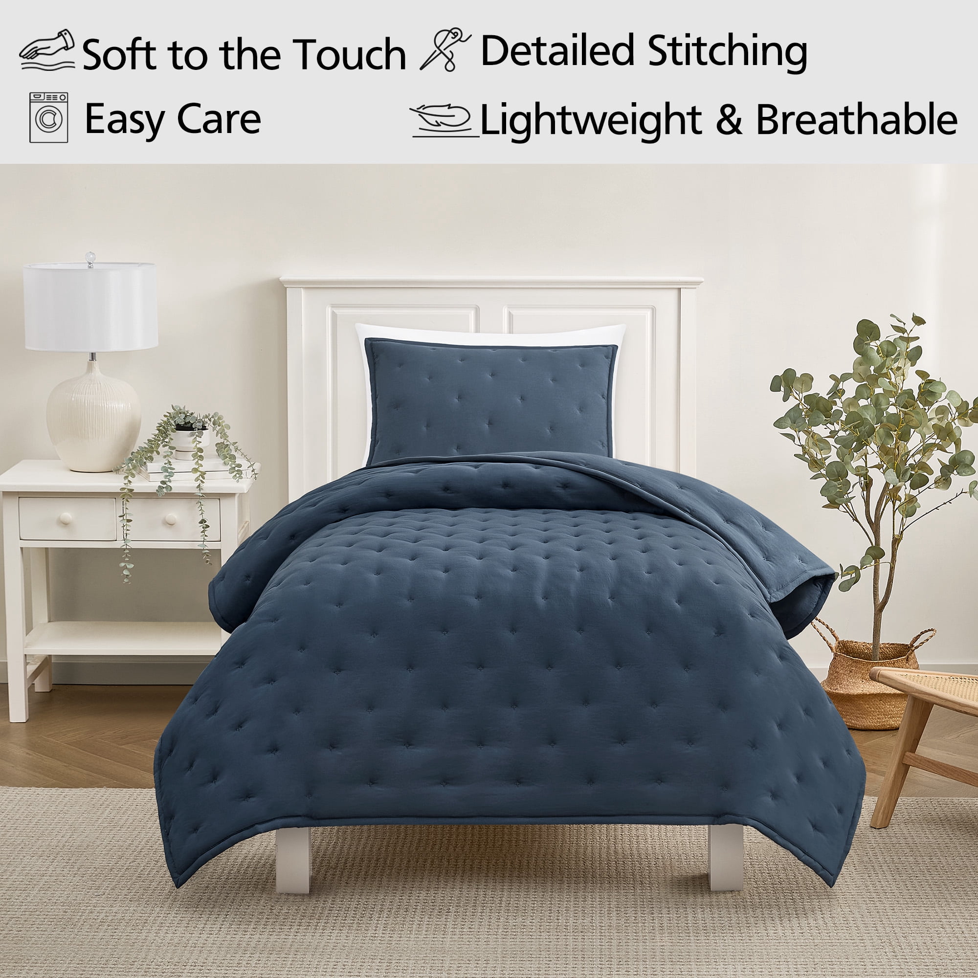 Mainstays Twin/Twin XL Comforter Set, Soft Lightweight & All Season, 2-Piece, Navy Blue