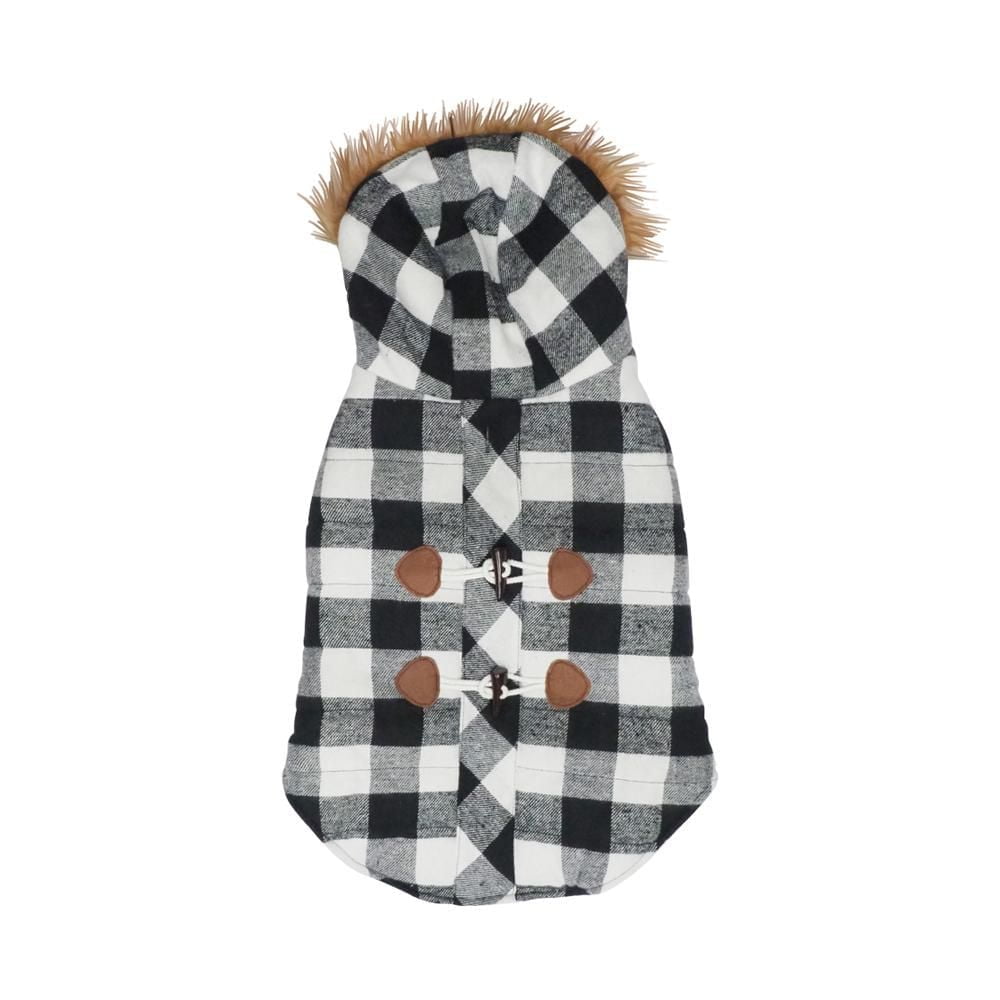Holiday Time Dog Clothes: Hooded Jacket for Fall & Winter, Black & White Buffalo Plaid, Size XS-XL