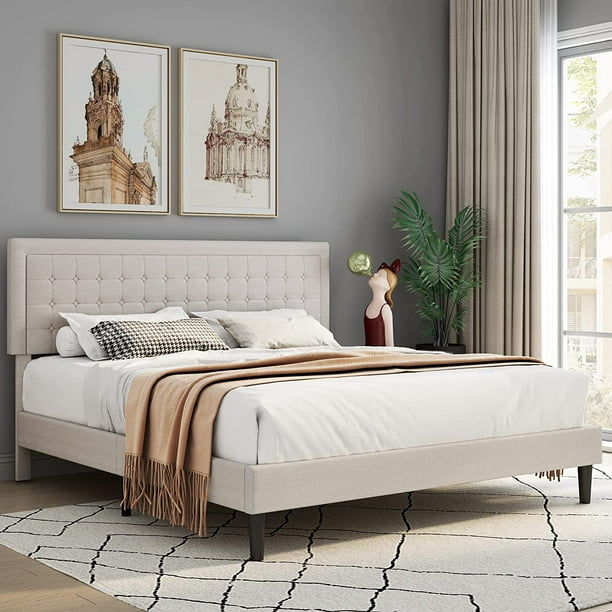 Homfa Queen Bed Frame, Button Tufted Upholstered Platform with ...