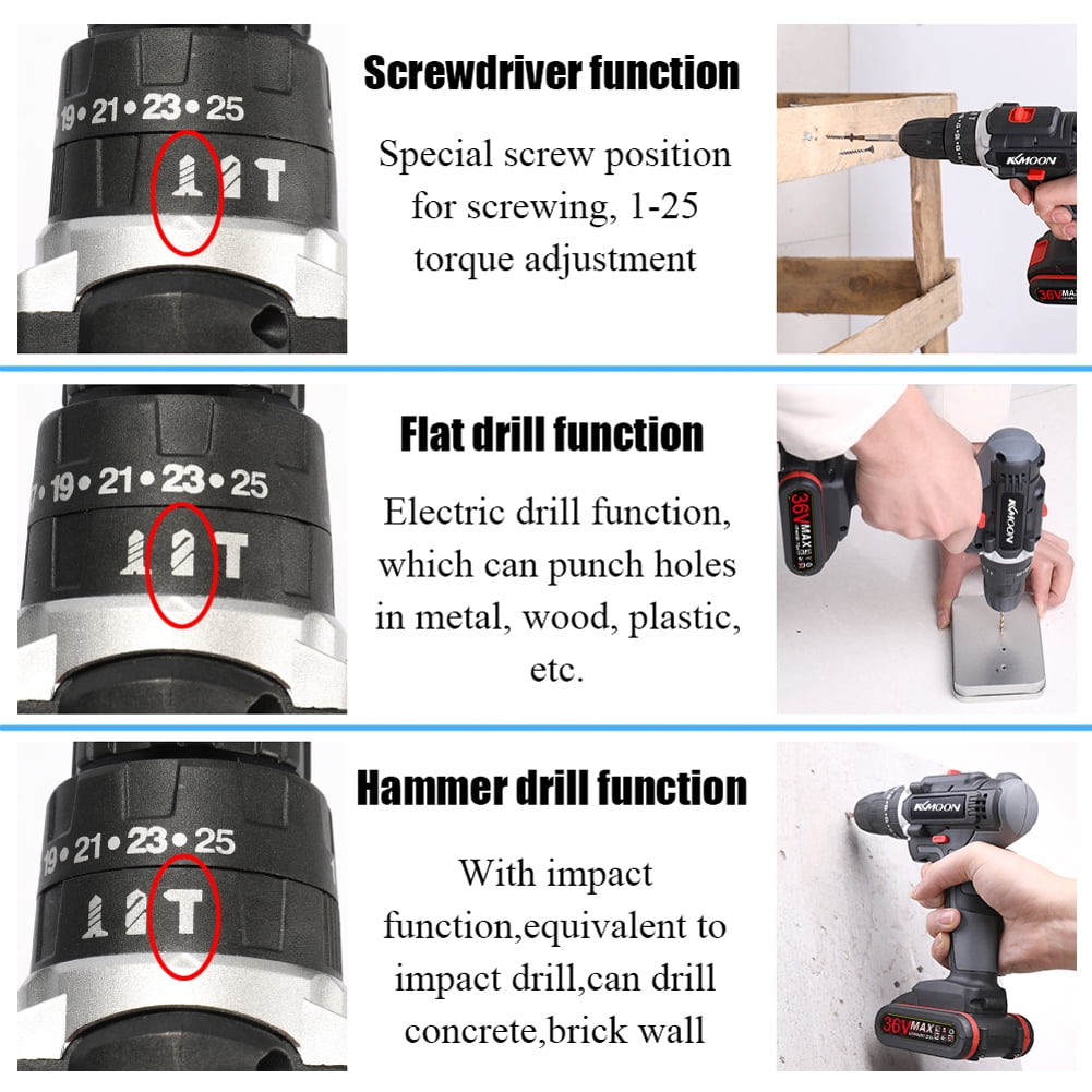 21V Multifunctional Impact Electric Cordless Drill Screwdriver, 3 in 1 High-Power Lithium Battery Wireless Rechargeable Hand Drills Brush Motor Adjustment 25 Gears of Torques Adjustable