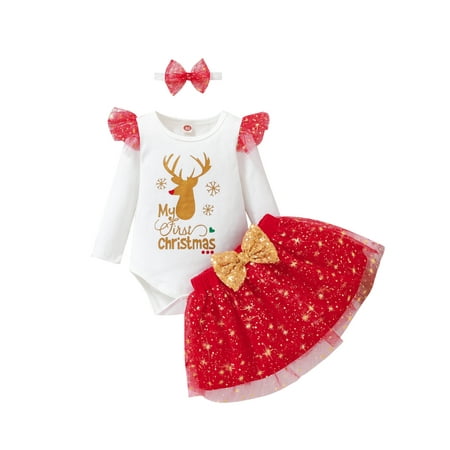 

Cindysus Toddler Cute Christmas Autumn Outfits Baby Buttons 3Pcs Outfit Suit Xmas Party Elastic Waist Swing Skirts Set Deer 90cm
