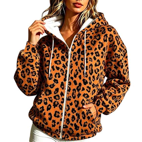 Jovrlynd Womens Zip Up Hoodies Leopard Fleece Lined Winter Warm Oversized Sweatshirt Jacket with Pockets, S-3XL