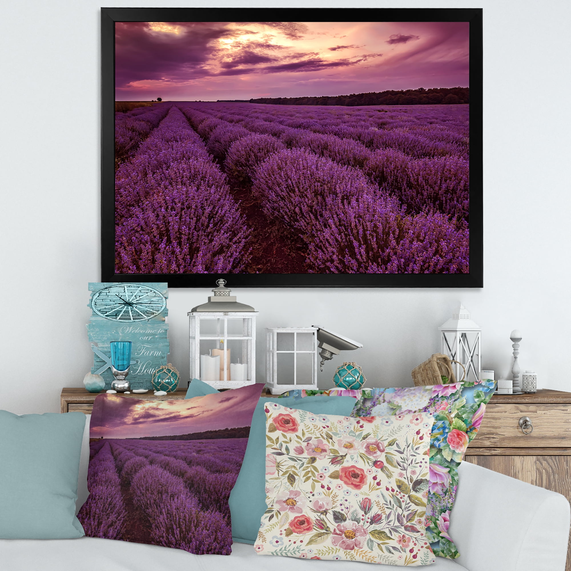 Designart 'Dramatic Clouds and Sunrise Over Lavender Field III' Farmhouse Framed Art Print