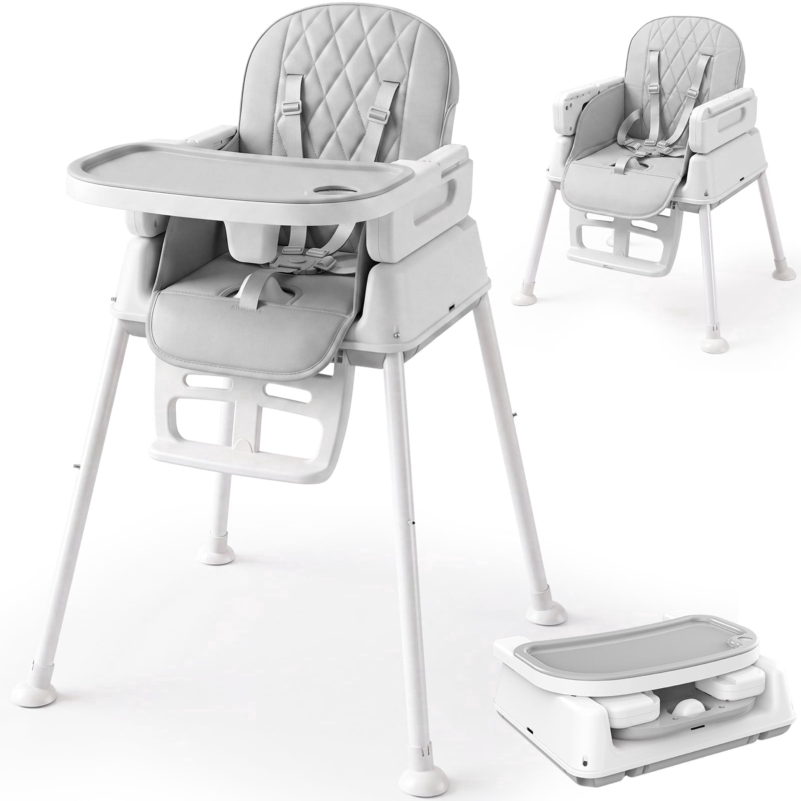 Ferhtm 3-in-1 Convertible Baby High Chair, Compact Pack-Away Toddler Feeding Seat with Built-in Leg Storage, Grey