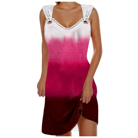 QYZEU Womens Summer Clothes Sleeveless Dresses for Women Women Elegant Color Block Printed Dress Shoulder Strap Buckle Beach Midi Dresses for Women Pink XL