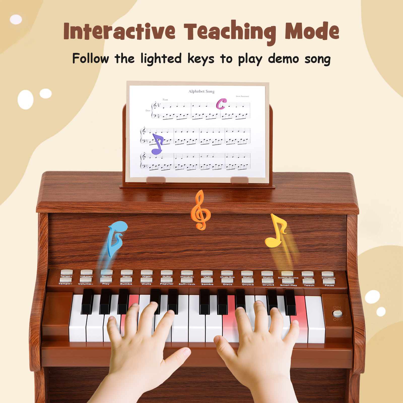 Gymax 25 Keys Digital Piano w/Music Stand Teaching Mode Lighted Keys 6 Instruments Brown