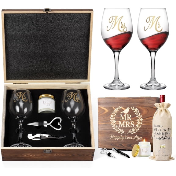 Mr and Mrs Engagement Gifts for Couples, Bridal Shower Gift, Wedding Gifts for Newlywed - Wine Glasses Set of 2, Wine Stopper and Opener, Wine Bag, Scented Candle, Engraved Wooden Keepsake Box