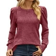 thumbnail image 1 of Yuzu Chandails pour Femmes Manches Longues Bouffantes Col Rond Pull Côtelé Couleur Unie, 1 of 7