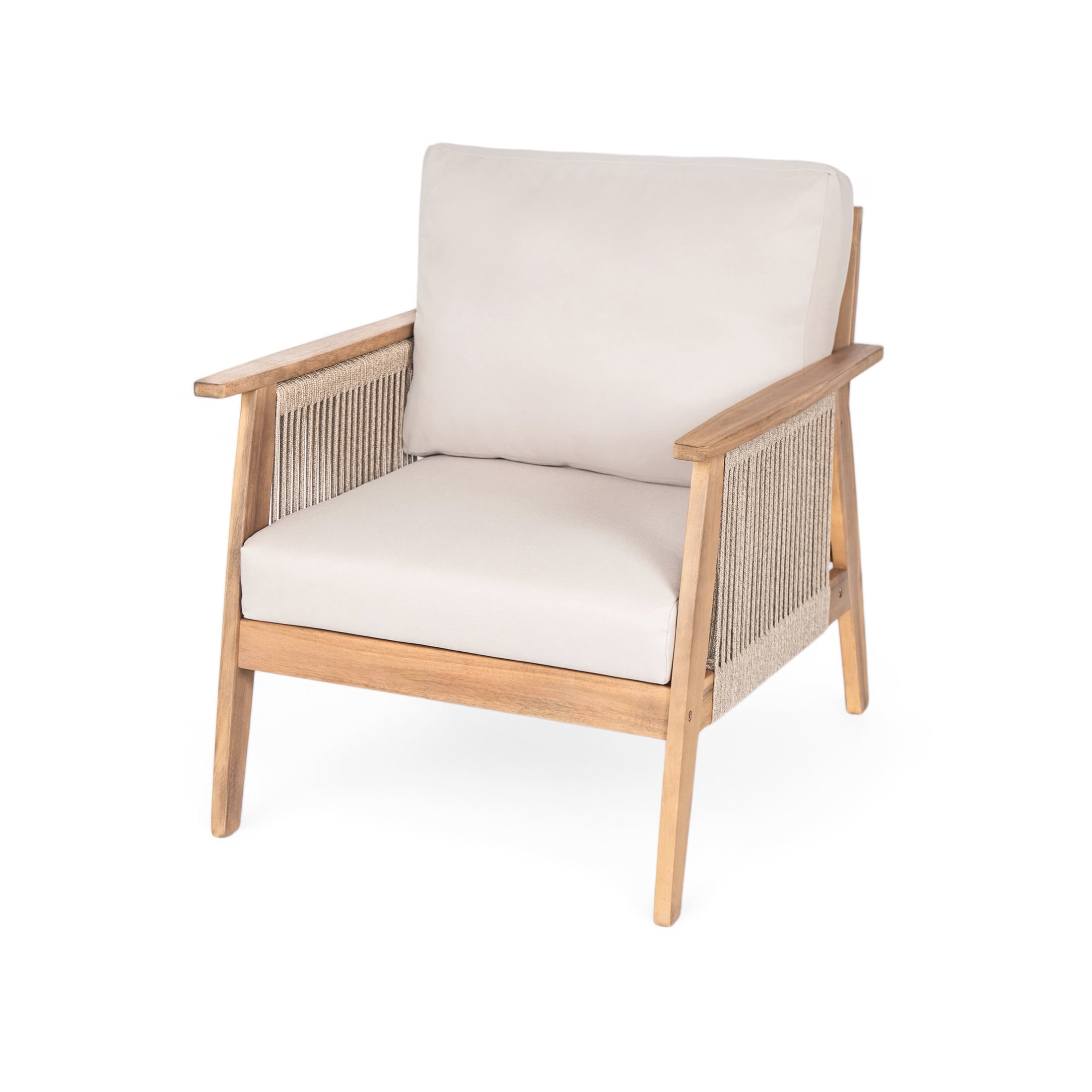 Christopher Knight Home Coastal Outdoor Lounge Chair, Rope Weave Design, Solid Wood Frame, Beige Cushion