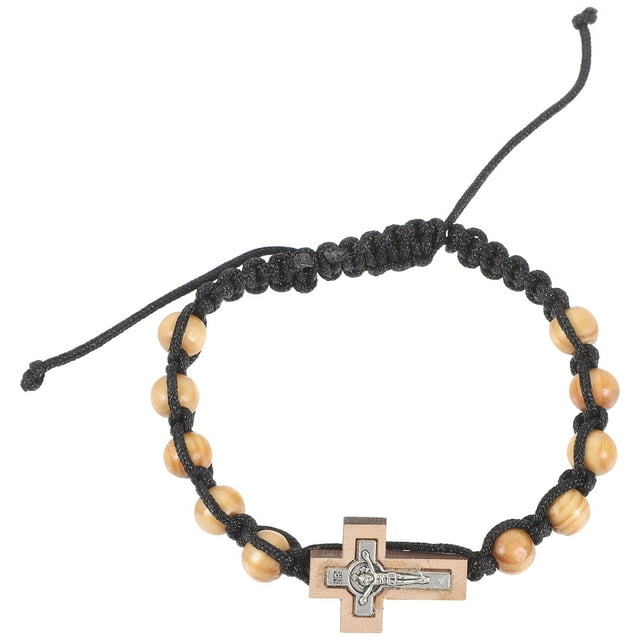 Pulsera de cuentas de oración de madera, ajustable, unisex, con dije de cruz