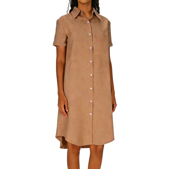 Xdegoge Shirt Dress for Women, Short Sleeve Button Front A Line Midi Dresses with Asymmetric Hem, Casual Office Workwear