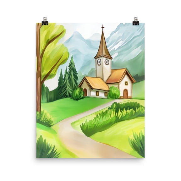 Saanen Switzerland Print, Swiss Alps Church Wall Art, Alpine Mountain Poster, European Village Travel Decor, Countryside Artwork Home Decor #4055, Unframed Poster Size 8x12