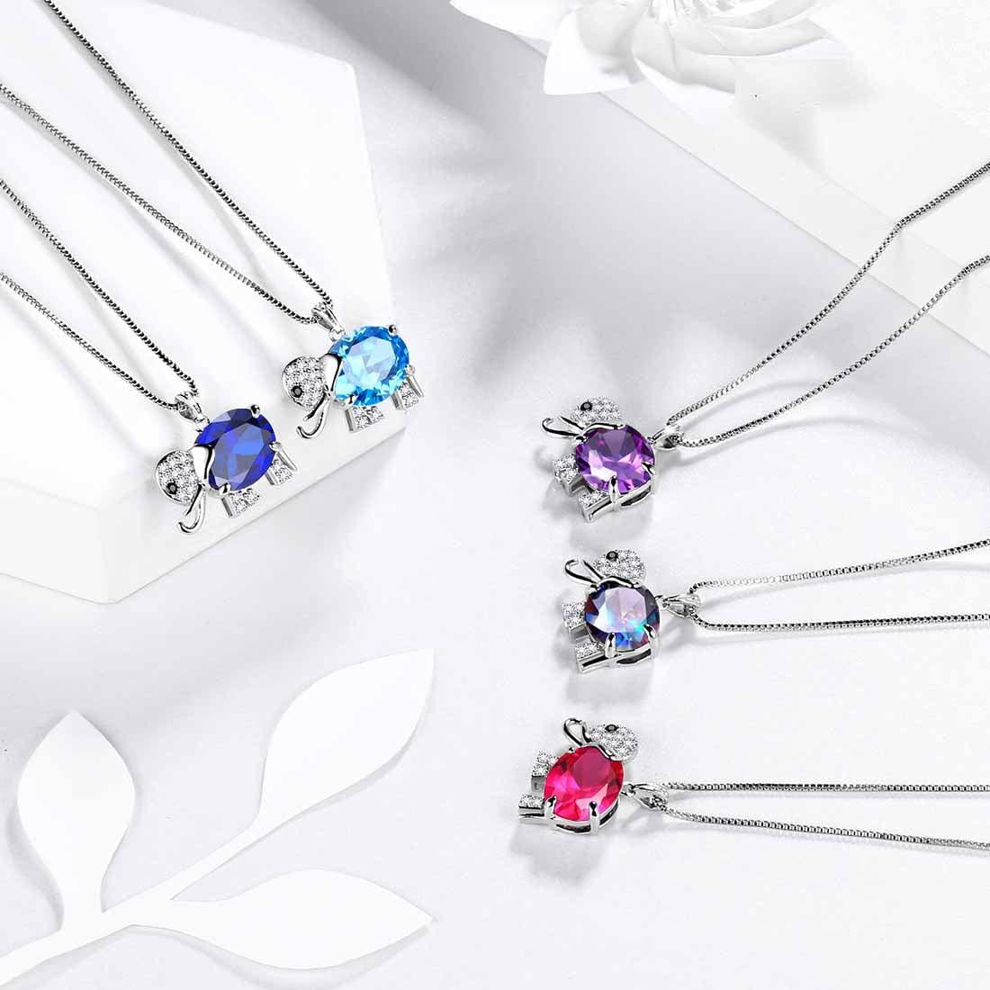 Juwaliy Elephant Necklace Crystal Rainbow Mystic Topaz Charm 925 Sterling Silver Pendant Jewelry Women Daughter Wife Mother Christmas Birthday Gifts