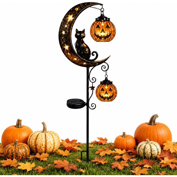 Solar Halloween Black Cat & Pumpkin Moon Garden Stake Light，Style C | Outdoor Halloween Decoration Light Hanging Jack-o'-Lantern for Yard, Lawn Garden Pathway Patio Porch Warm Solar Yard Light