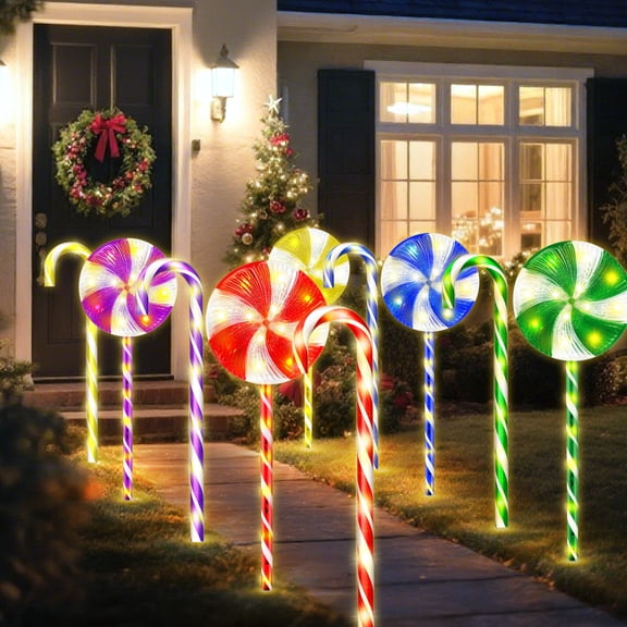 10PK 130 LED 8 Modes Flashing Christmas Candy Cane Lollipop Lights for Pathway Front Door Lawn Outdoor Lighted Up Christmas Light Stake Decoration for Garden Yard