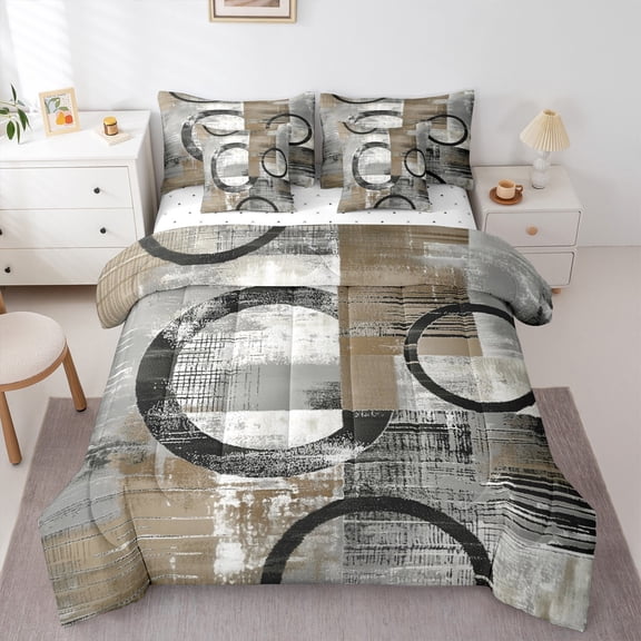 Feelyou Yellow Grey Abstract Ombre Bedding Comforter Set 7-Piece, Square Circle Geometric King Bedding Sets, Teen Kid Child Adult Reversible Bed Sheets, Super Cozy Room Decor