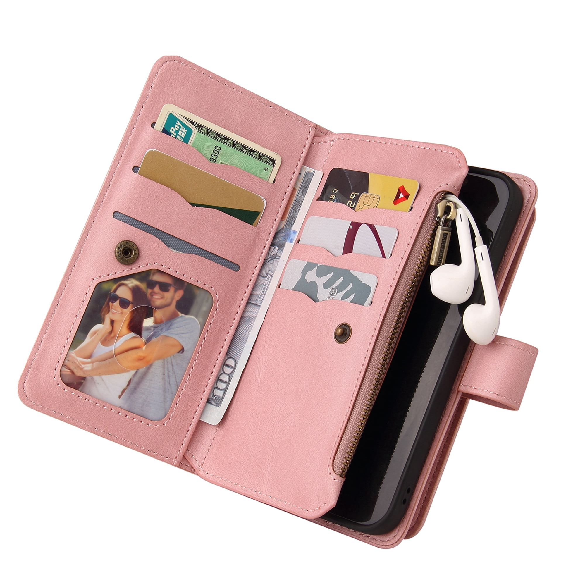 Phone Case for Samsung Galaxy S24 Ultra, S24 Ultra Wallet Case, Luxury Folio Flip Leather Cover [Zipper Pocket] [Wrist Strap] [Kickstand] for Samsung Galaxy S24 Ultra, Pink