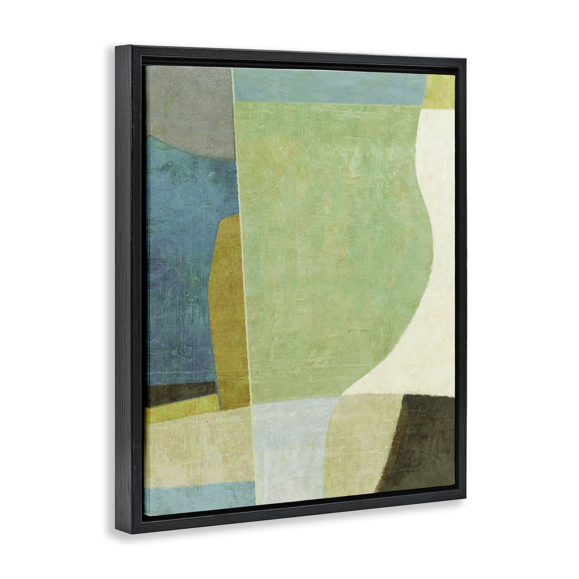 Stupell Industries Green Geometric Collage Abstract Painting Black Floater Framed Canvas Art Print Wall Art, 25 x 31