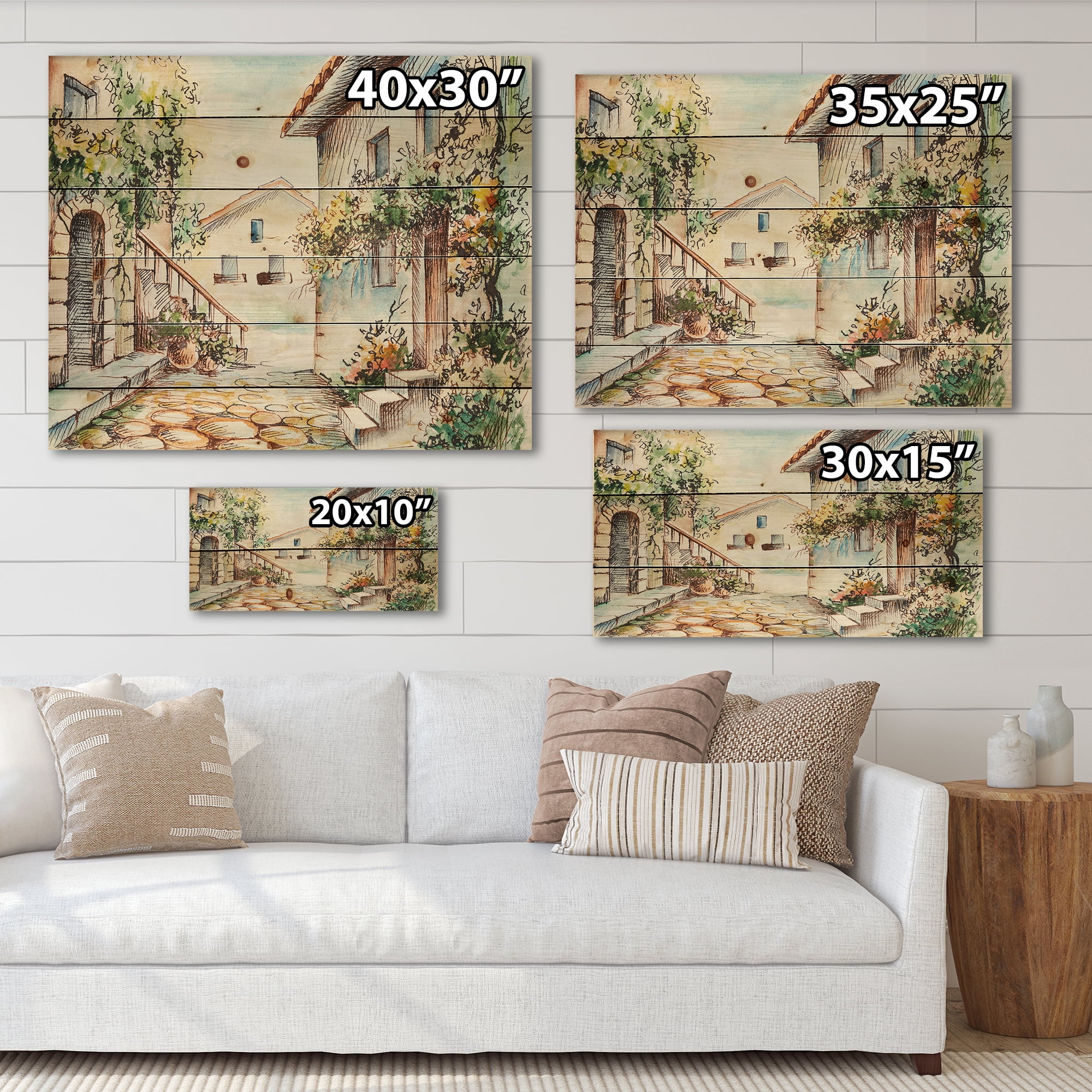 Designart 'Sunny Day At The Vintage City Cozy Street' Traditional Print on Natural Pine Wood