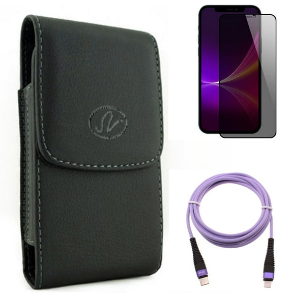 Case Belt Clip & Privacy Screen Protector & Purple 6ft PD Cable for iPhone 13 Pro Max ONLY - Leather Holster Cover   Tempered Glass Curved Anti-Spy   USB-C Long Cord Fast Charger Combo