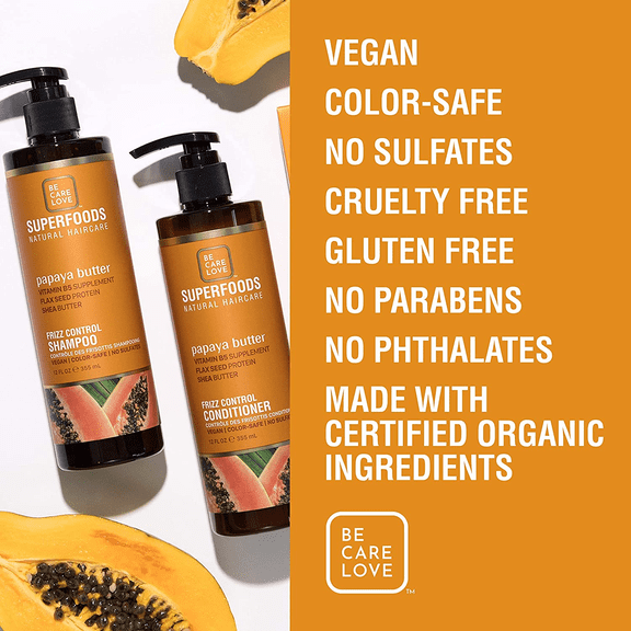 Be Care Love SuperFoods Frizz Control Shampoo & Conditioner Duo, Papaya - Duo 12 oz each ( 2 Free Samples)