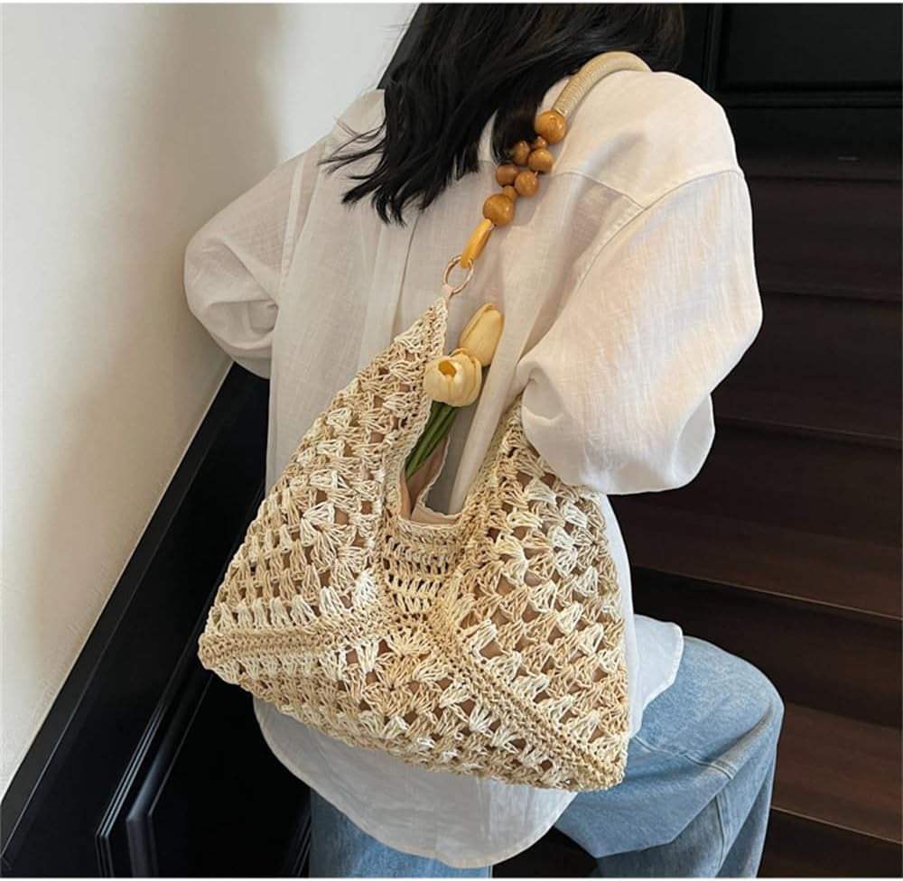 Summer Straw Hobo Bags for Women Boho Woven Mesh Beach Tote Bag Large Capacity Crochet Vacation Shoulder Handbag