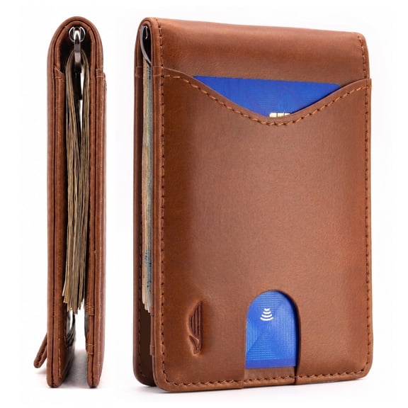 POCKT Men's Slim Bifold Wallet with Money Clip – Genuine Leather, RFID Blocking, Front Pocket Card Holder, Caramel