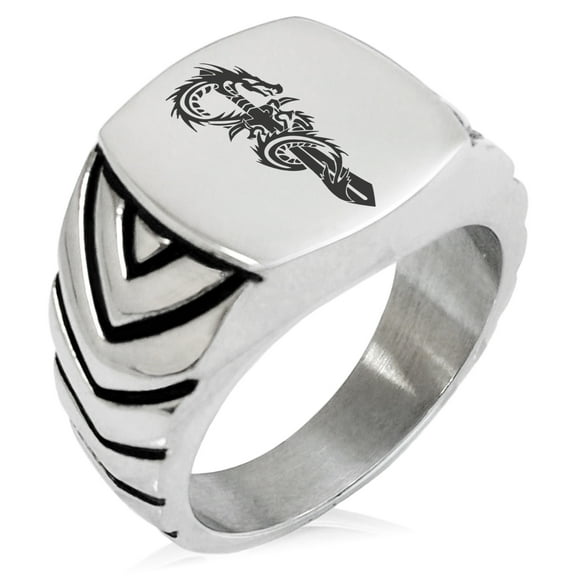 Stainless Steel Exalted Dragon Blade Chevron Pattern Biker Style Polished Ring