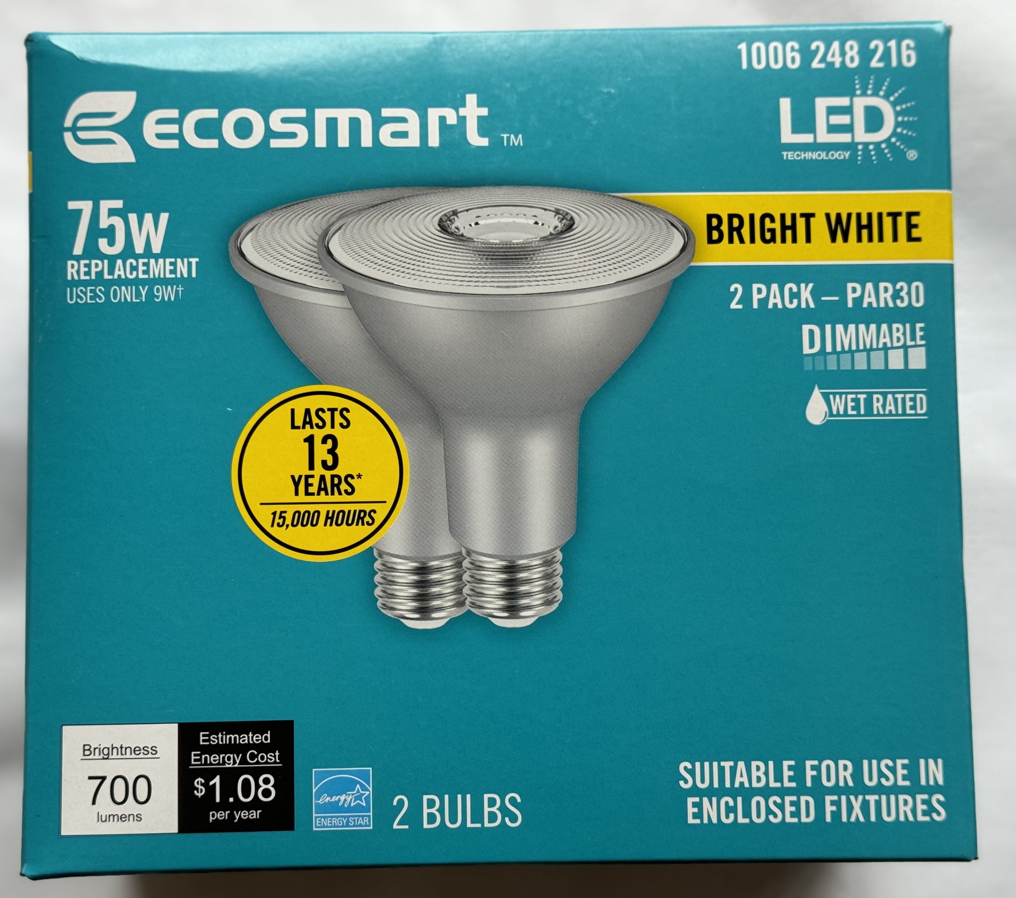 EcoSmart LED 9W (75W Equivalent) Bright White Flood Light Bulbs, Dimmable (2 Pack)
