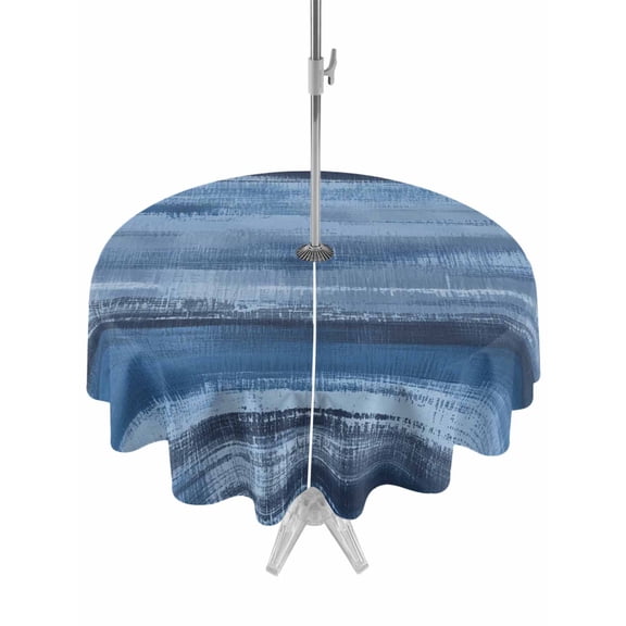 Outdoor Tablecloths with Umbrella Hole & Zipper, Navy Blue Ombre Round Tablecloth 54 Inch, Vintage Shabby Blue Abstract Art Waterproof Table Cloth, Patio/Pool/Picnic Table Covers