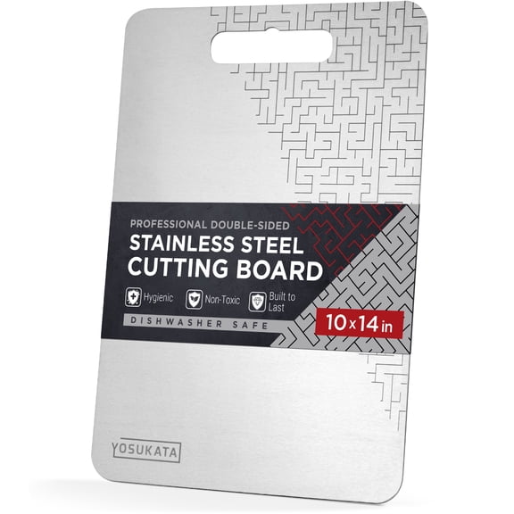 YOSUKATA Stainless Steel Cutting Board 14.6x10 Inch - Double Sided Metal Chopping Board with Handle Hole - Measuring Scale - Dishwasher Safe - Kitchen Non Toxic Utensils
