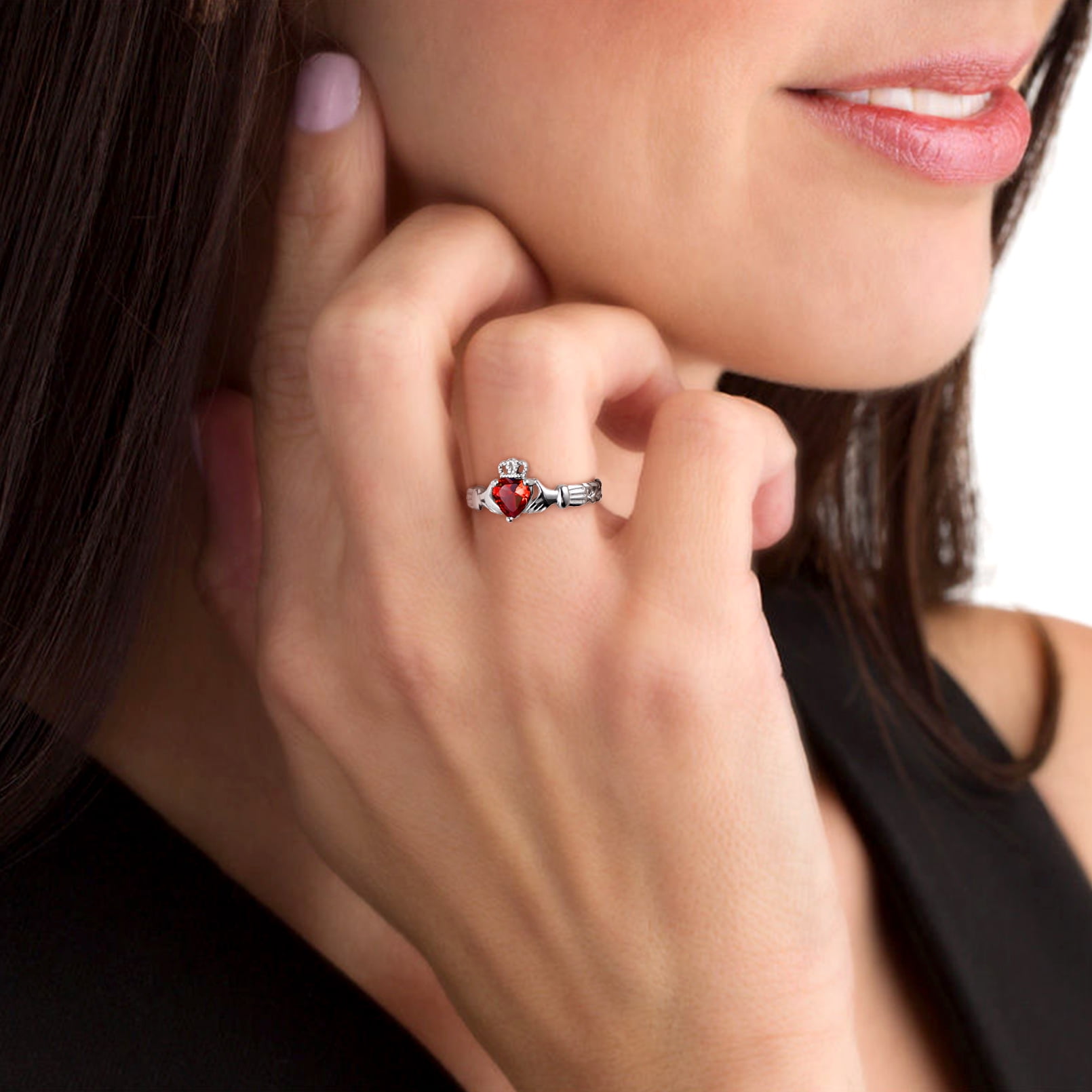 FaithHeart Irish Claddagh Heart Promise Ring for Women 925 Sterling Silver Garnet January Birthstone Celtic Knot Ring Adjustable Wedding Band Jewelry Gift for Wife Anniversary