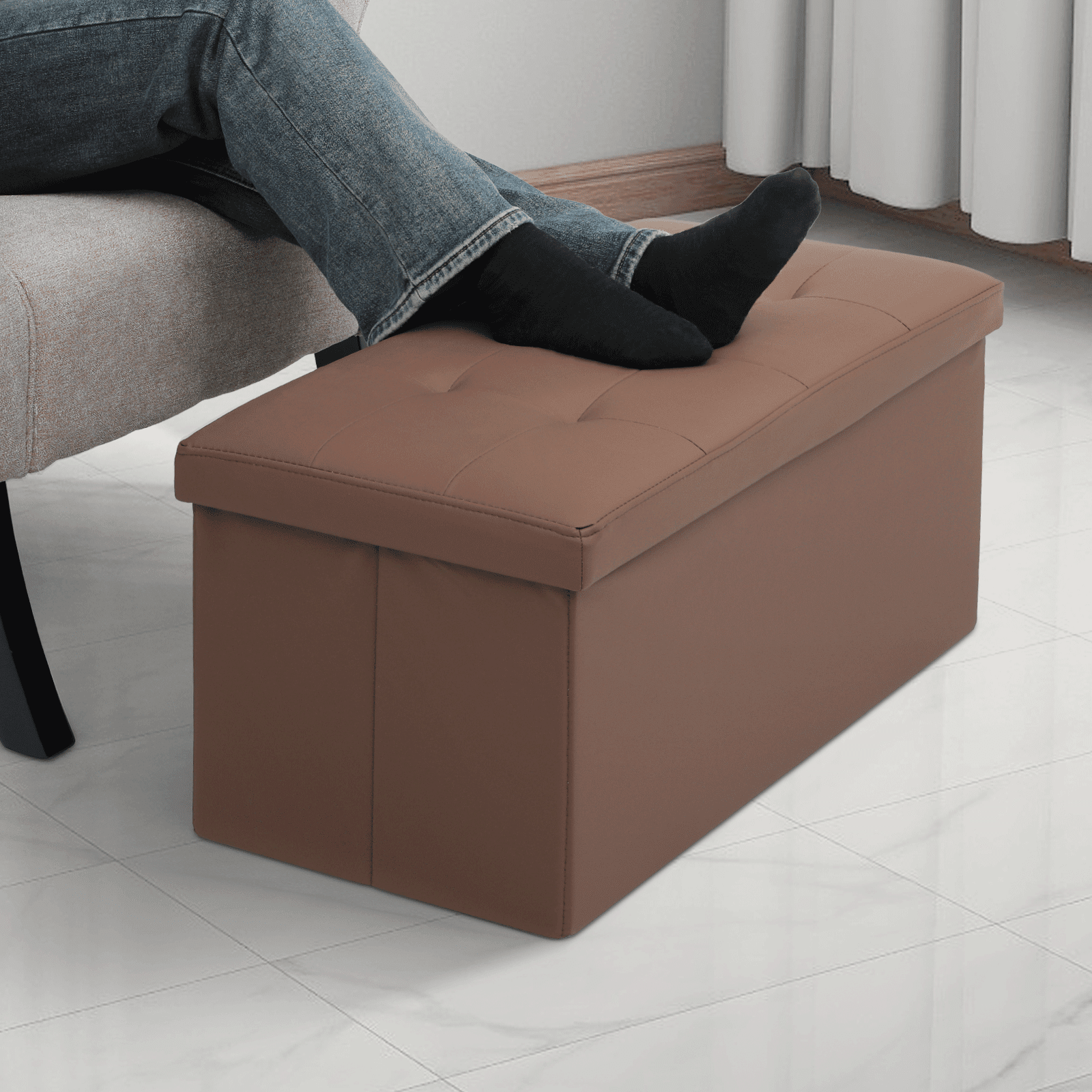 MoNiBloom 30" Folding Storage Ottoman Bench, PU Leather Collapsible Footrest Ottoman with Storage, for Living Room Bedroom Entryway, Brown