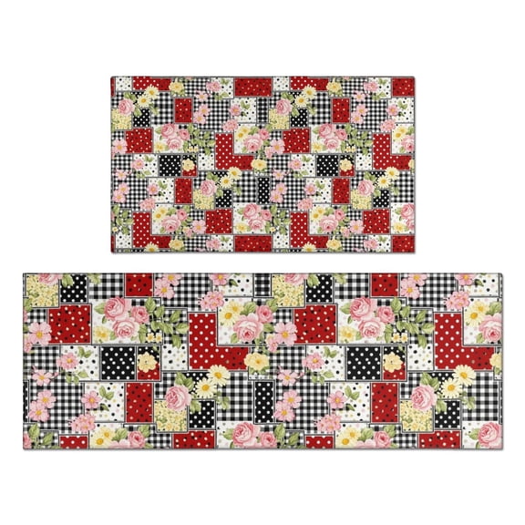 Pioneer Flower Floral Print Pattern Kitchen Rugs Sets Of 2, Anti Fatigue Non Slip Washable Floor Mats for Kitchen Sink Laundry, 17X30 Inch 17X47 Inch