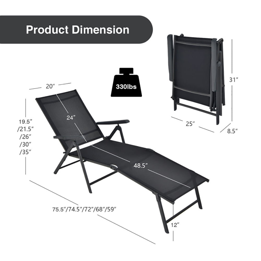 Aimee Lii 2 Pieces Foldable Chaise Lounge Chair with 2-Position Footrest, Patio Loungers, Black